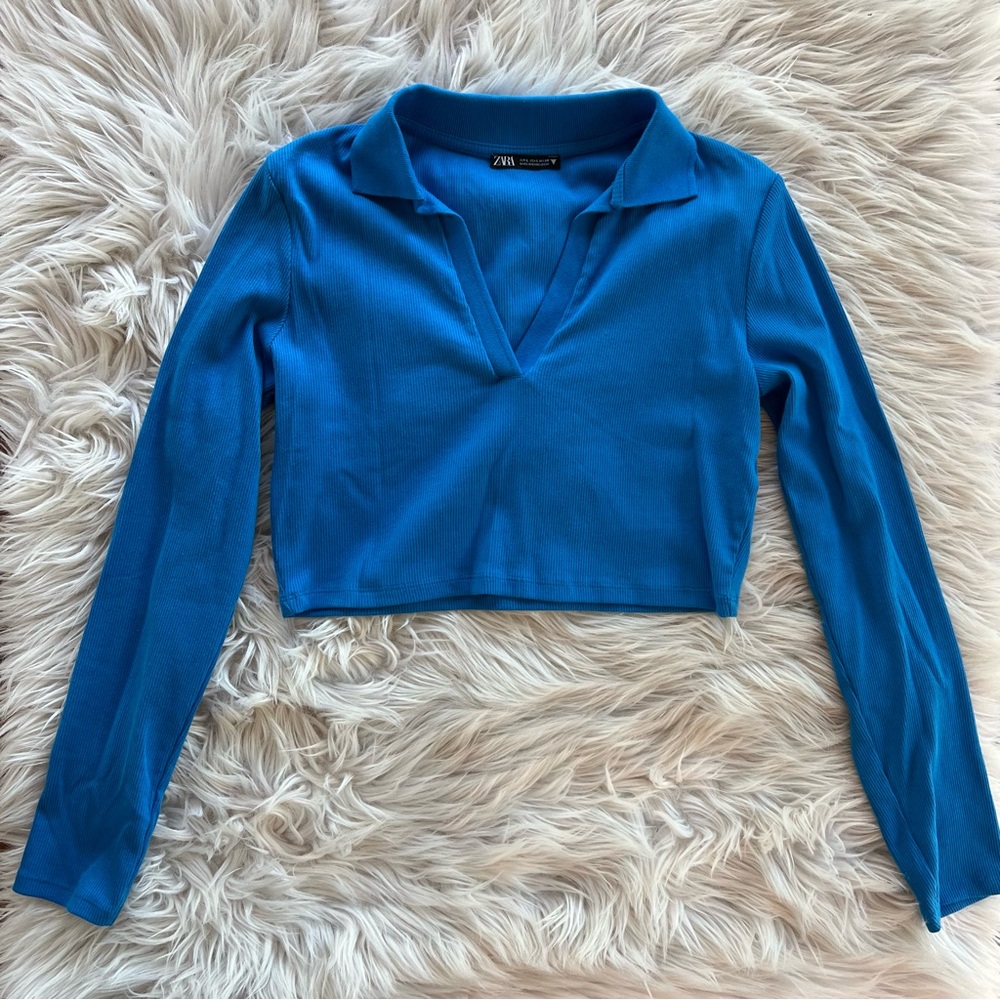Zara Long Sleeve Polo Crop Top Women's Size Large (L)